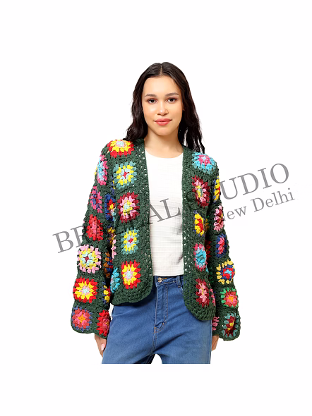 Brazeal Studio, Jackets &amp; Coat, Open-front, Long Sleeves, Granny-square Floral Motifs, Green Base With Multicolor Floral Crochet Patterns, Premium Quality Yarn (hand-crocheted)