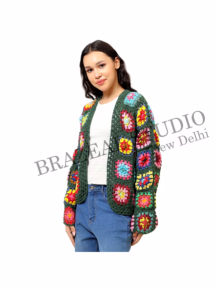 Brazeal Studio, Jackets &amp; Coat, Open-front, Long Sleeves, Granny-square Floral Motifs, Green Base With Multicolor Floral Crochet Patterns, Premium Quality Yarn (hand-crocheted)-2