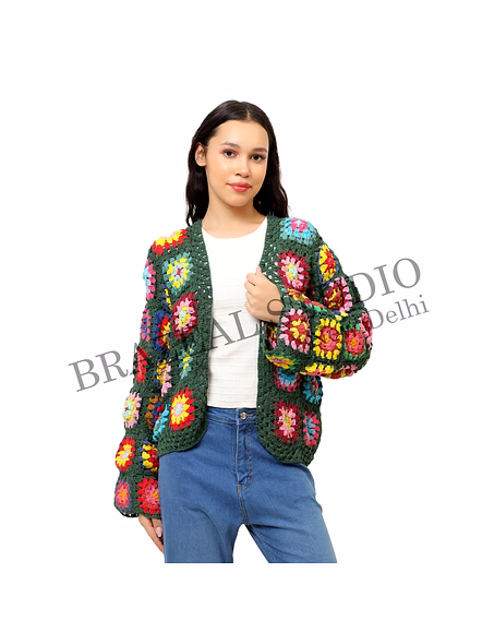 Brazeal Studio, Jackets &amp; Coat, Open-front, Long Sleeves, Granny-square Floral Motifs, Green Base With Multicolor Floral Crochet Patterns, Premium Quality Yarn (hand-crocheted)-3