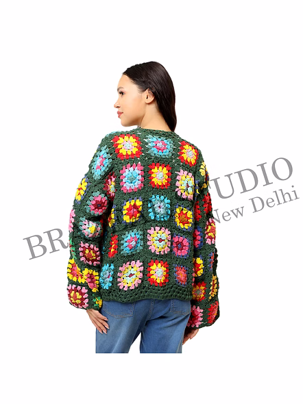 Brazeal Studio, Jackets &amp; Coat, Open-front, Long Sleeves, Granny-square Floral Motifs, Green Base With Multicolor Floral Crochet Patterns, Premium Quality Yarn (hand-crocheted)-5