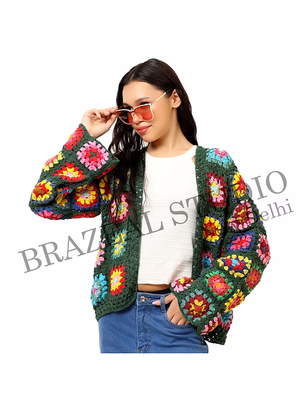 Brazeal Studio, Jackets &amp; Coat, Open-front, Long Sleeves, Granny-square Floral Motifs, Green Base With Multicolor Floral Crochet Patterns, Premium Quality Yarn (hand-crocheted)-6