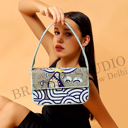 brazeal studio, bag, structured handbag with flap closure and top handle, grey and blue, hand-applied glass beads with fabric base