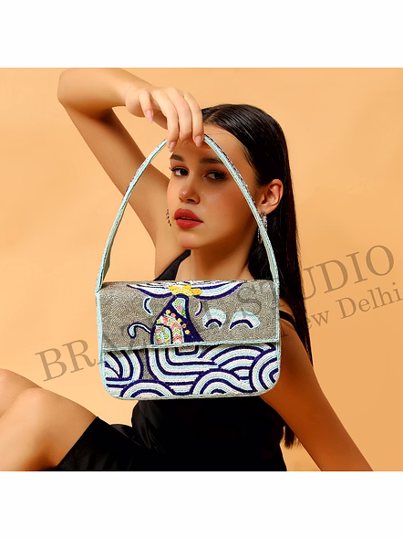 Brazeal Studio, Bag, Structured Handbag With Flap Closure And Top Handle, Grey And Blue, Hand-applied Glass Beads With Fabric Base