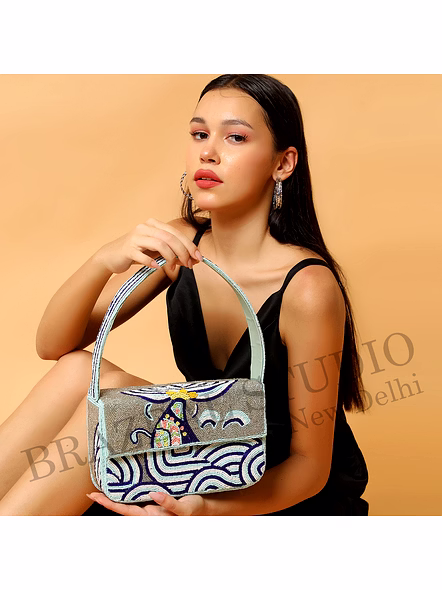 Brazeal Studio, Bag, Structured Handbag With Flap Closure And Top Handle, Grey And Blue, Hand-applied Glass Beads With Fabric Base