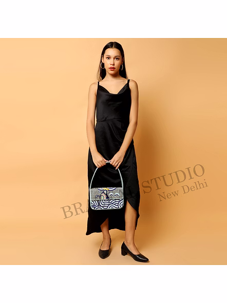 Brazeal Studio, Bag, Structured Handbag With Flap Closure And Top Handle, Grey And Blue, Hand-applied Glass Beads With Fabric Base-2