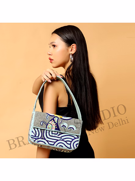 Brazeal Studio, Bag, Structured Handbag With Flap Closure And Top Handle, Grey And Blue, Hand-applied Glass Beads With Fabric Base-4