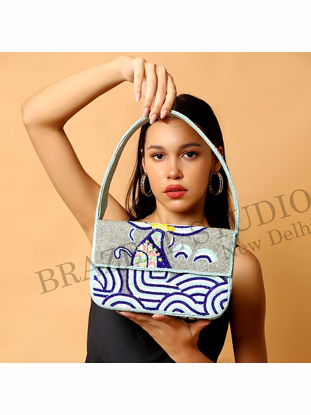 Brazeal Studio, Bag, Structured Handbag With Flap Closure And Top Handle, Grey And Blue, Hand-applied Glass Beads With Fabric Base-5