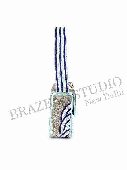 Brazeal Studio, Bag, Structured Handbag With Flap Closure And Top Handle, Grey And Blue, Hand-applied Glass Beads With Fabric Base-8