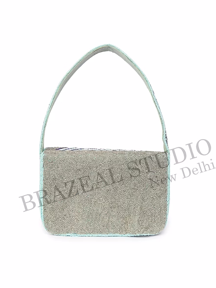 Brazeal Studio, Bag, Structured Handbag With Flap Closure And Top Handle, Grey And Blue, Hand-applied Glass Beads With Fabric Base-9