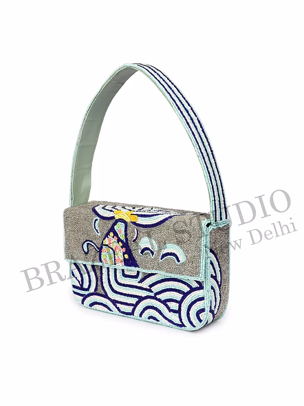 Brazeal Studio, Bag, Structured Handbag With Flap Closure And Top Handle, Grey And Blue, Hand-applied Glass Beads With Fabric Base-10