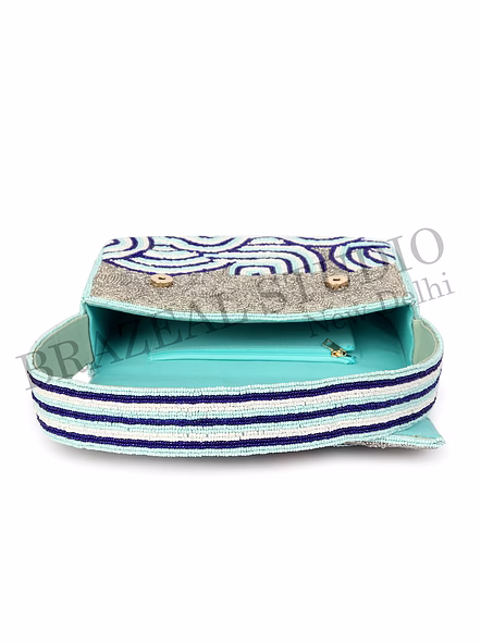 Brazeal Studio, Bag, Structured Handbag With Flap Closure And Top Handle, Grey And Blue, Hand-applied Glass Beads With Fabric Base-12