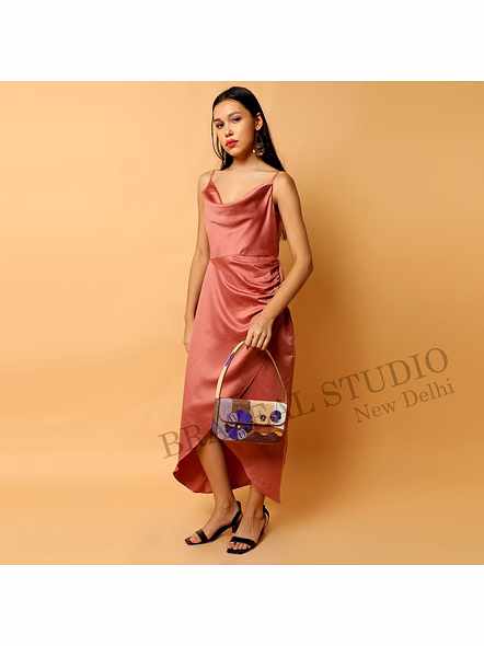 Brazeal Studio, Bag, Floral Embroidered Pattern With Textured Wave Detailing, Multicolor (beige, Brown, Peach With Purple Floral Accents), Premium Glass Beads With Reinforced Fabric Base