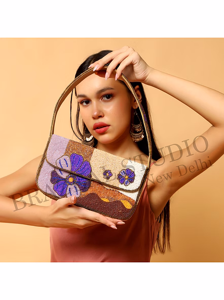 Brazeal Studio, Bag, Floral Embroidered Pattern With Textured Wave Detailing, Multicolor (beige, Brown, Peach With Purple Floral Accents), Premium Glass Beads With Reinforced Fabric Base