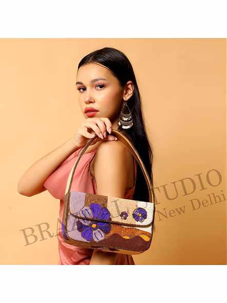 Brazeal Studio, Bag, Floral Embroidered Pattern With Textured Wave Detailing, Multicolor (beige, Brown, Peach With Purple Floral Accents), Premium Glass Beads With Reinforced Fabric Base-2