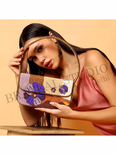 Brazeal Studio, Bag, Floral Embroidered Pattern With Textured Wave Detailing, Multicolor (beige, Brown, Peach With Purple Floral Accents), Premium Glass Beads With Reinforced Fabric Base-5