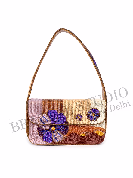 Brazeal Studio, Bag, Floral Embroidered Pattern With Textured Wave Detailing, Multicolor (beige, Brown, Peach With Purple Floral Accents), Premium Glass Beads With Reinforced Fabric Base-6