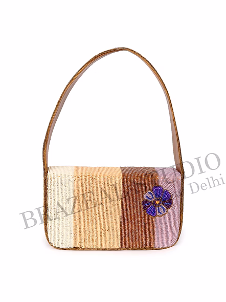 Brazeal Studio, Bag, Floral Embroidered Pattern With Textured Wave Detailing, Multicolor (beige, Brown, Peach With Purple Floral Accents), Premium Glass Beads With Reinforced Fabric Base-9