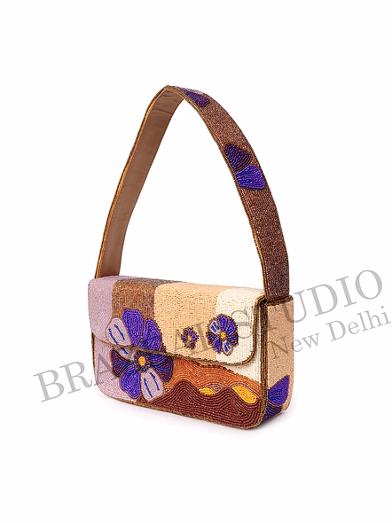 Brazeal Studio, Bag, Floral Embroidered Pattern With Textured Wave Detailing, Multicolor (beige, Brown, Peach With Purple Floral Accents), Premium Glass Beads With Reinforced Fabric Base-10