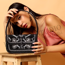 brazeal studio, bag, black with silver & white bead accents, premium glass beads with reinforced fabric base