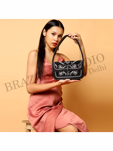 Brazeal Studio, Bag, Black With Silver &amp; White Bead Accents, Premium Glass Beads With Reinforced Fabric Base