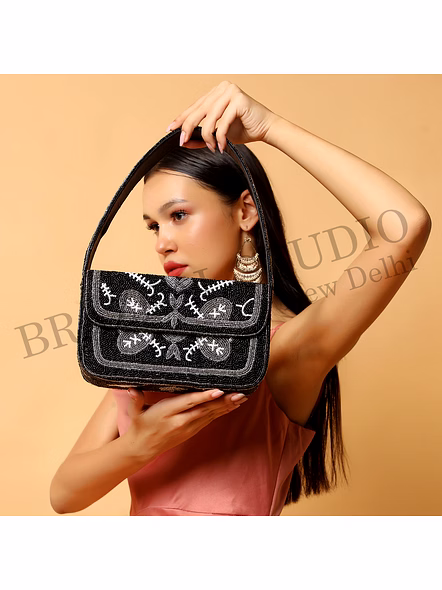 Brazeal Studio, Bag, Black With Silver &amp; White Bead Accents, Premium Glass Beads With Reinforced Fabric Base-3