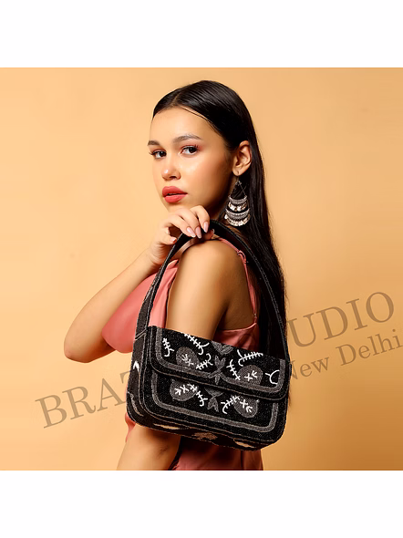 Brazeal Studio, Bag, Black With Silver &amp; White Bead Accents, Premium Glass Beads With Reinforced Fabric Base-5