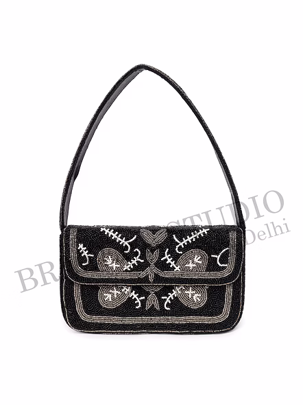 Brazeal Studio, Bag, Black With Silver &amp; White Bead Accents, Premium Glass Beads With Reinforced Fabric Base-6