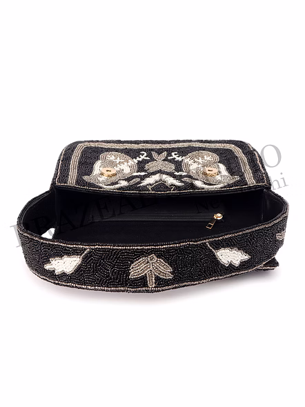 Brazeal Studio, Bag, Black With Silver &amp; White Bead Accents, Premium Glass Beads With Reinforced Fabric Base-12