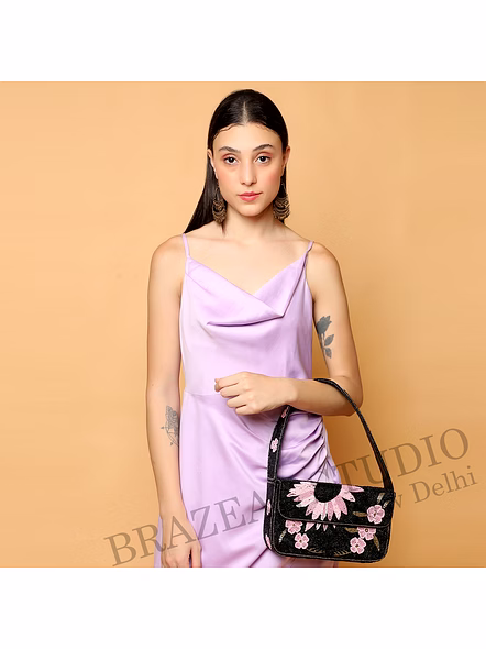 Brazeal Studio, Bag, Black With Pink And Metallic Gold Beadwork, Premium Glass Beads With Reinforced Textile Base