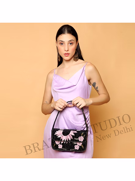 Brazeal Studio, Bag, Black With Pink And Metallic Gold Beadwork, Premium Glass Beads With Reinforced Textile Base-2