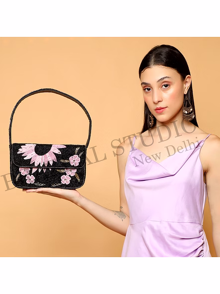 Brazeal Studio, Bag, Black With Pink And Metallic Gold Beadwork, Premium Glass Beads With Reinforced Textile Base-3