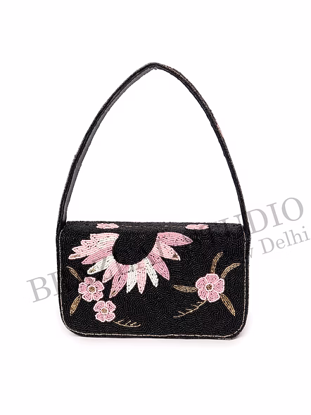 Brazeal Studio, Bag, Black With Pink And Metallic Gold Beadwork, Premium Glass Beads With Reinforced Textile Base-9