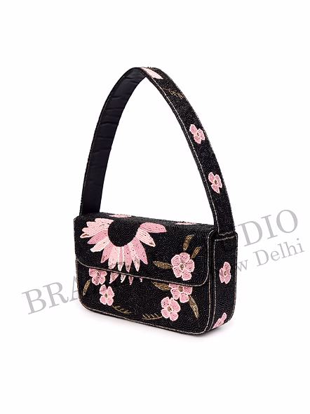 Brazeal Studio, Bag, Black With Pink And Metallic Gold Beadwork, Premium Glass Beads With Reinforced Textile Base-10