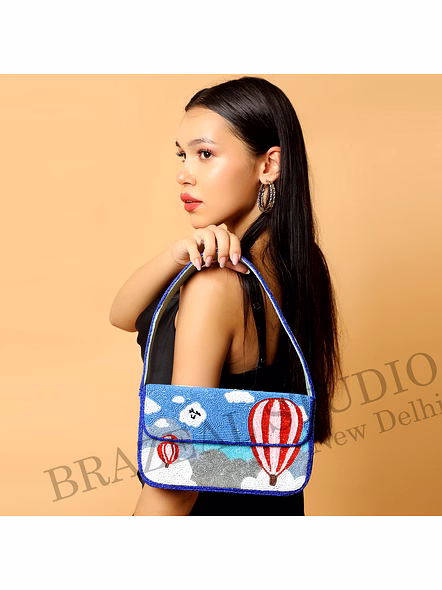 Brazeal Studio, Bag, Blue With Multicolor Bead Embroidery, High-quality Glass Seed Beads With Reinforced Fabric Base