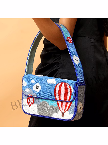 Brazeal Studio, Bag, Blue With Multicolor Bead Embroidery, High-quality Glass Seed Beads With Reinforced Fabric Base-3
