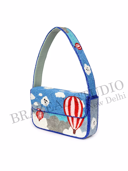 Brazeal Studio, Bag, Blue With Multicolor Bead Embroidery, High-quality Glass Seed Beads With Reinforced Fabric Base-10