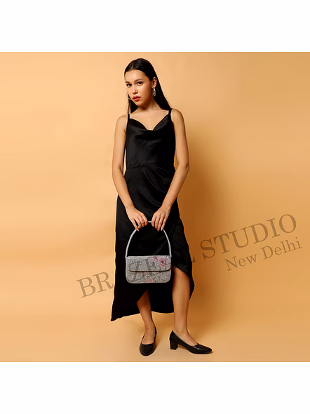 Brazeal Studio, Bag, Silver With Pink And Gold Bead Detailing, Premium Glass Seed Beads With Reinforced Fabric Base