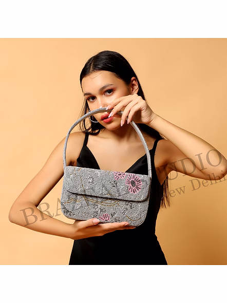 Brazeal Studio, Bag, Silver With Pink And Gold Bead Detailing, Premium Glass Seed Beads With Reinforced Fabric Base