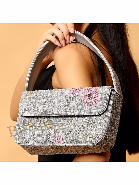 Brazeal Studio, Bag, Silver With Pink And Gold Bead Detailing, Premium Glass Seed Beads With Reinforced Fabric Base-3