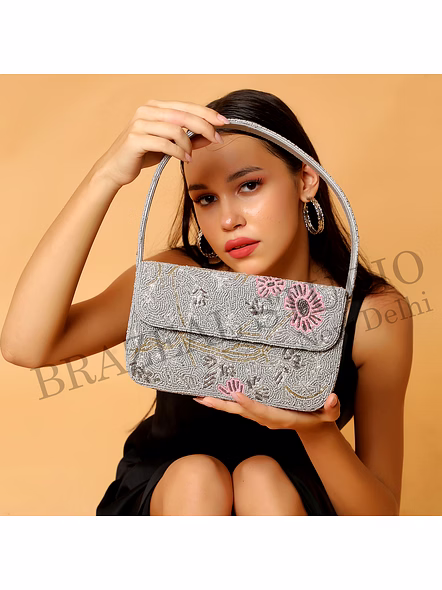 Brazeal Studio, Bag, Silver With Pink And Gold Bead Detailing, Premium Glass Seed Beads With Reinforced Fabric Base-5