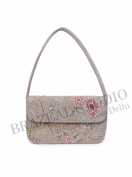 Brazeal Studio, Bag, Silver With Pink And Gold Bead Detailing, Premium Glass Seed Beads With Reinforced Fabric Base-6