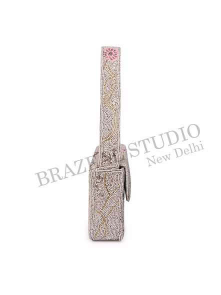 Brazeal Studio, Bag, Silver With Pink And Gold Bead Detailing, Premium Glass Seed Beads With Reinforced Fabric Base-7