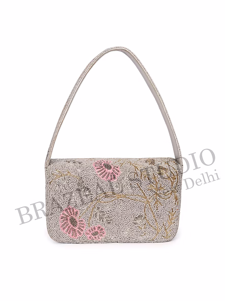 Brazeal Studio, Bag, Silver With Pink And Gold Bead Detailing, Premium Glass Seed Beads With Reinforced Fabric Base-8