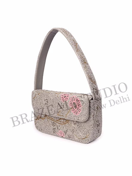 Brazeal Studio, Bag, Silver With Pink And Gold Bead Detailing, Premium Glass Seed Beads With Reinforced Fabric Base-9