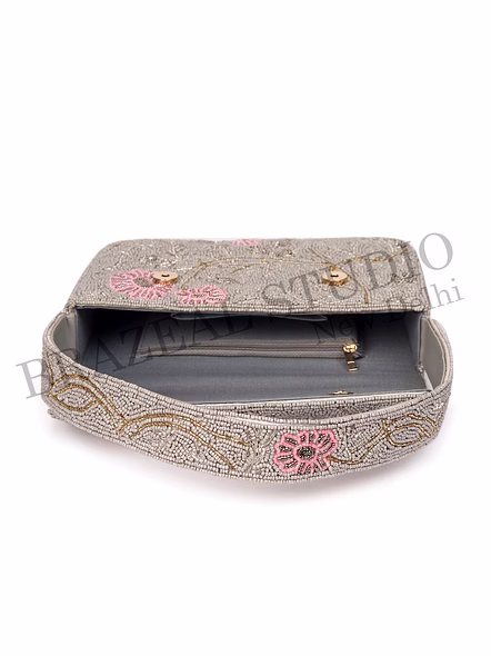 Brazeal Studio, Bag, Silver With Pink And Gold Bead Detailing, Premium Glass Seed Beads With Reinforced Fabric Base-12