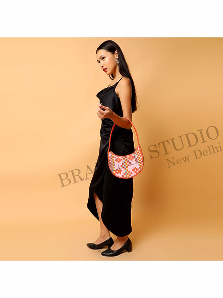 Brazeal Studio, Bag, Orange & Pink With Multicolor Bead Accents, High-quality Glass Seed Beads With Fabric Backing