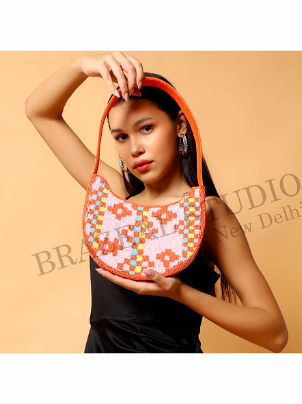 Brazeal Studio, Bag, Orange &amp; Pink With Multicolor Bead Accents, High-quality Glass Seed Beads With Fabric Backing-2