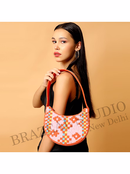 Brazeal Studio, Bag, Orange &amp; Pink With Multicolor Bead Accents, High-quality Glass Seed Beads With Fabric Backing-4