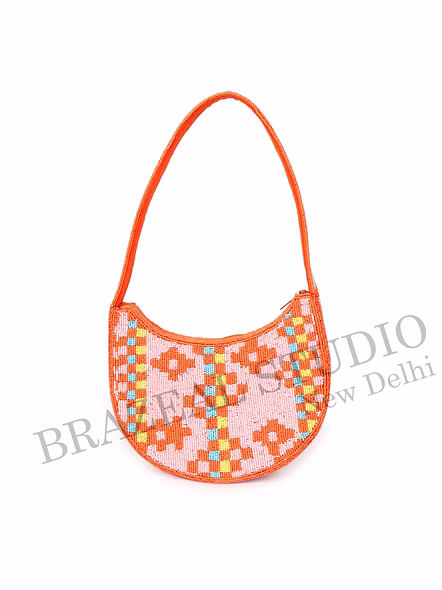 Brazeal Studio, Bag, Orange &amp; Pink With Multicolor Bead Accents, High-quality Glass Seed Beads With Fabric Backing-6