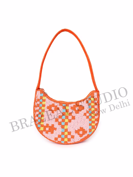 Brazeal Studio, Bag, Orange &amp; Pink With Multicolor Bead Accents, High-quality Glass Seed Beads With Fabric Backing-9